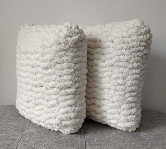 2 hand knit square cushions in chunky chenille yarn super soft-cream