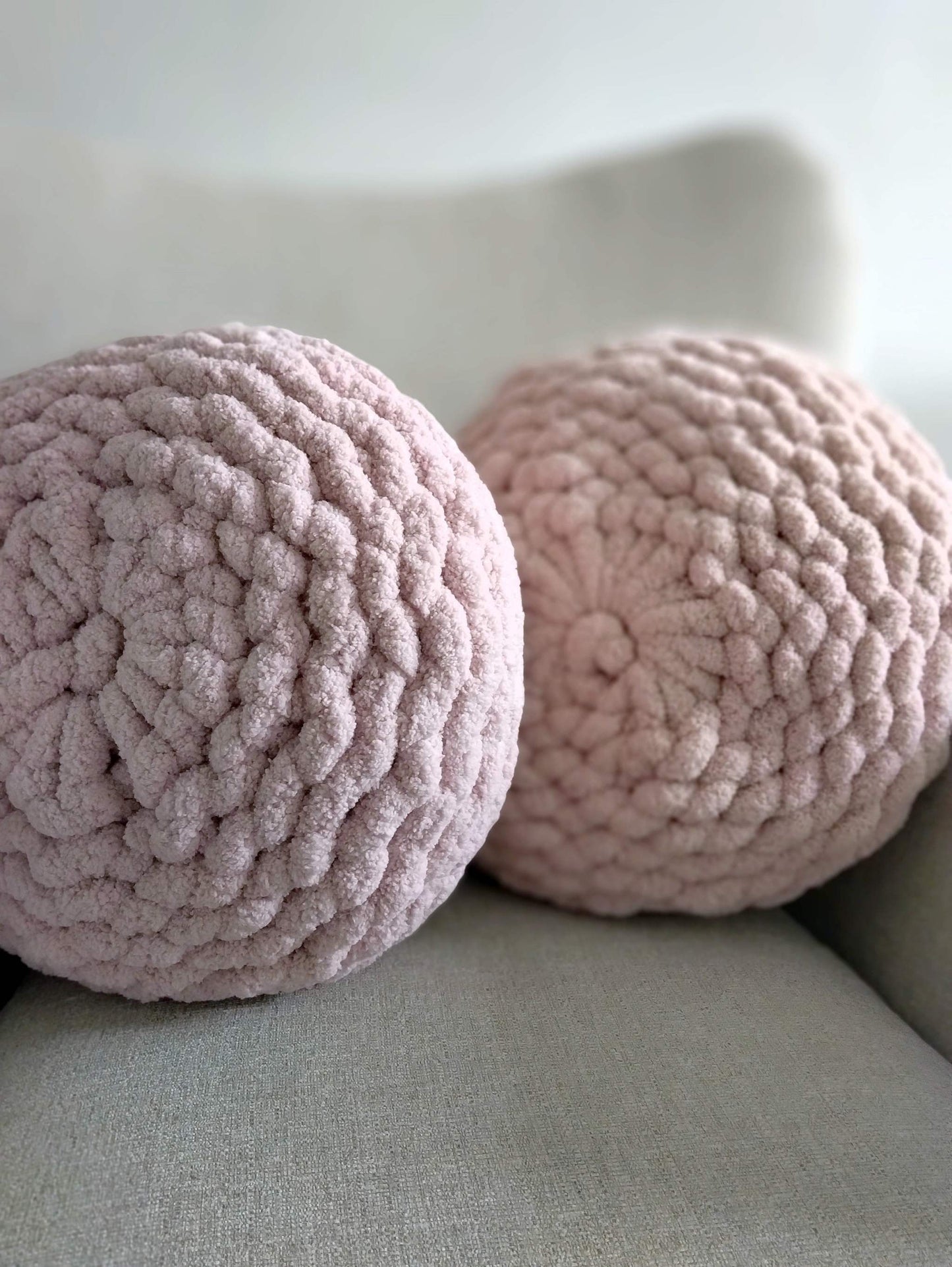  2 hand knit round cushions in super soft chunky chenille yarn pink
