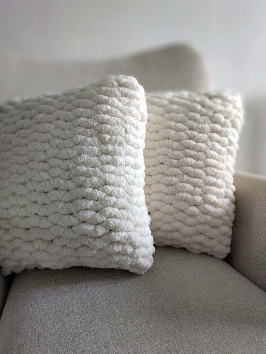 2 hand knit square cushions in chunky chenille yarn super soft