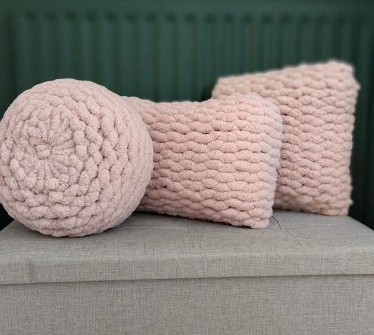 set of 3 hand knit cushions offer in chunky chenille yarn - pink