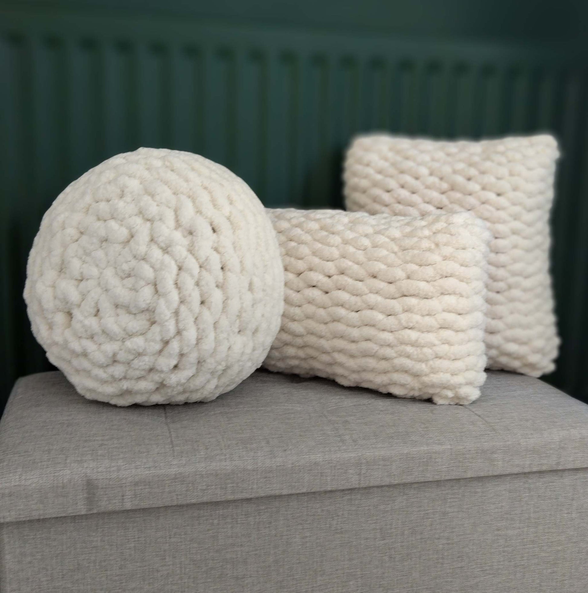 set of 3 hand knit cushions offer in chunky chenille yarn - cream