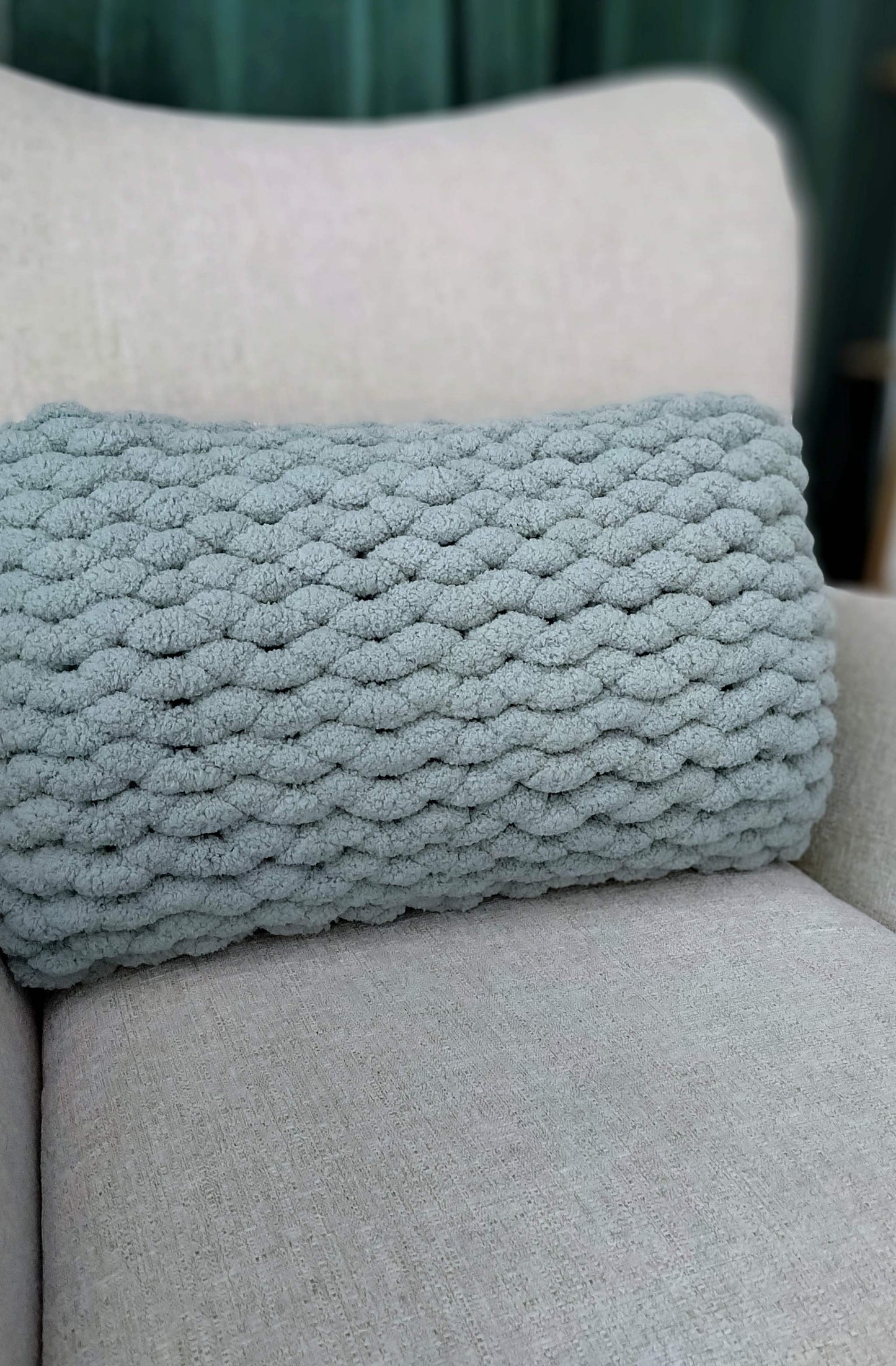 rectangular hand knit cushions in soft chenille yarn misty green