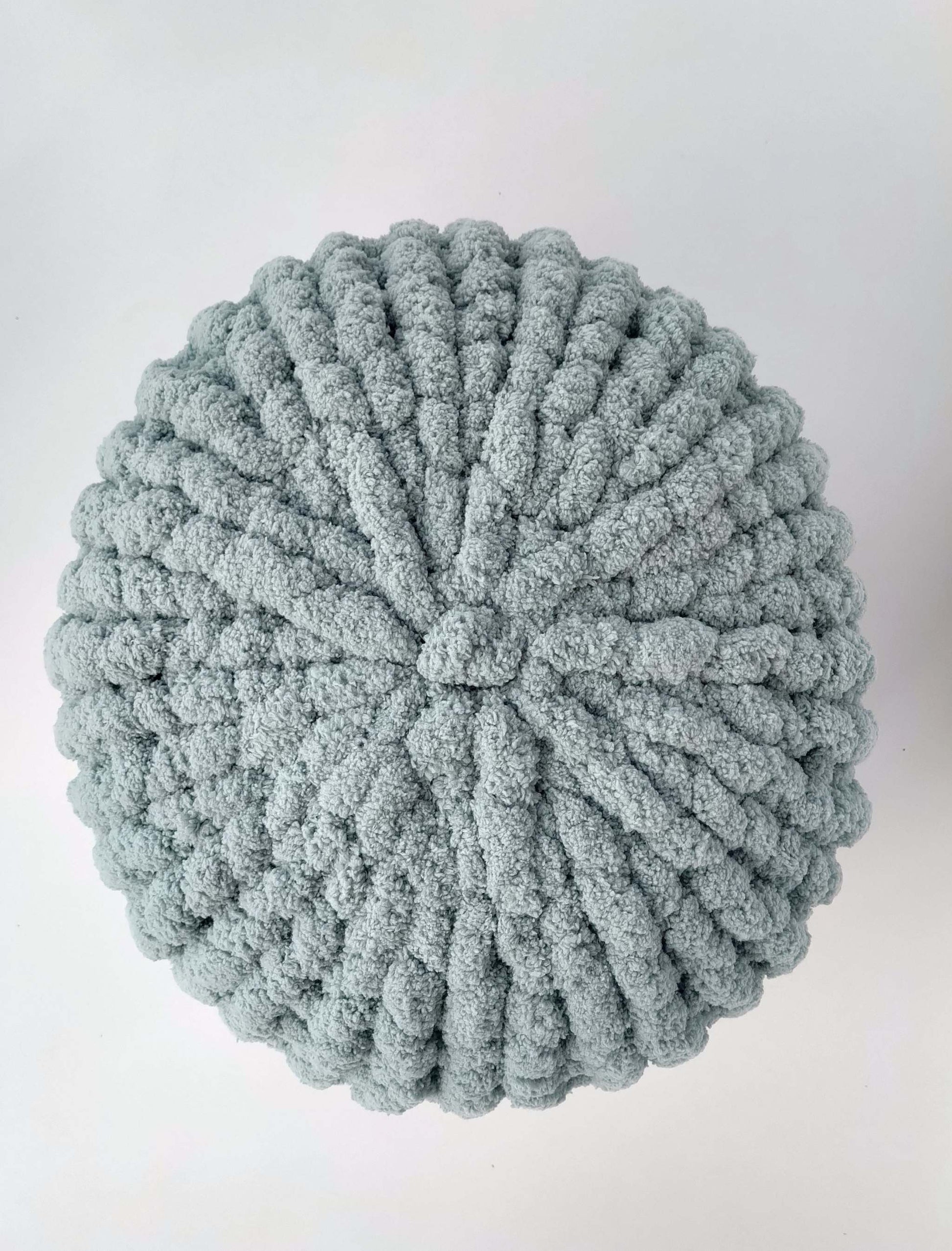 2 hand knit round cushions in super soft chunky chenille yarn misty green        nille yarn