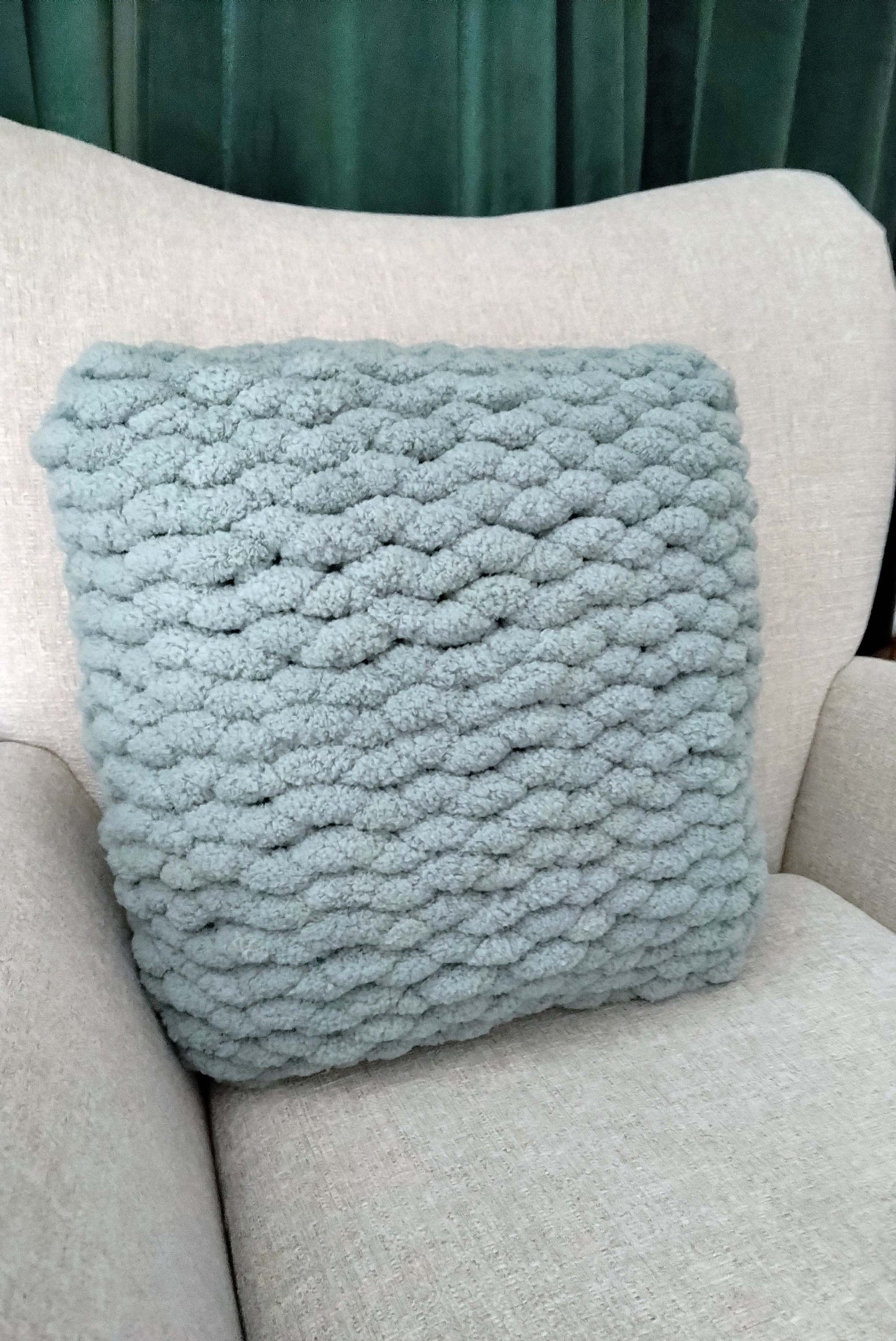 chunky hand knitted cushion - square misty green