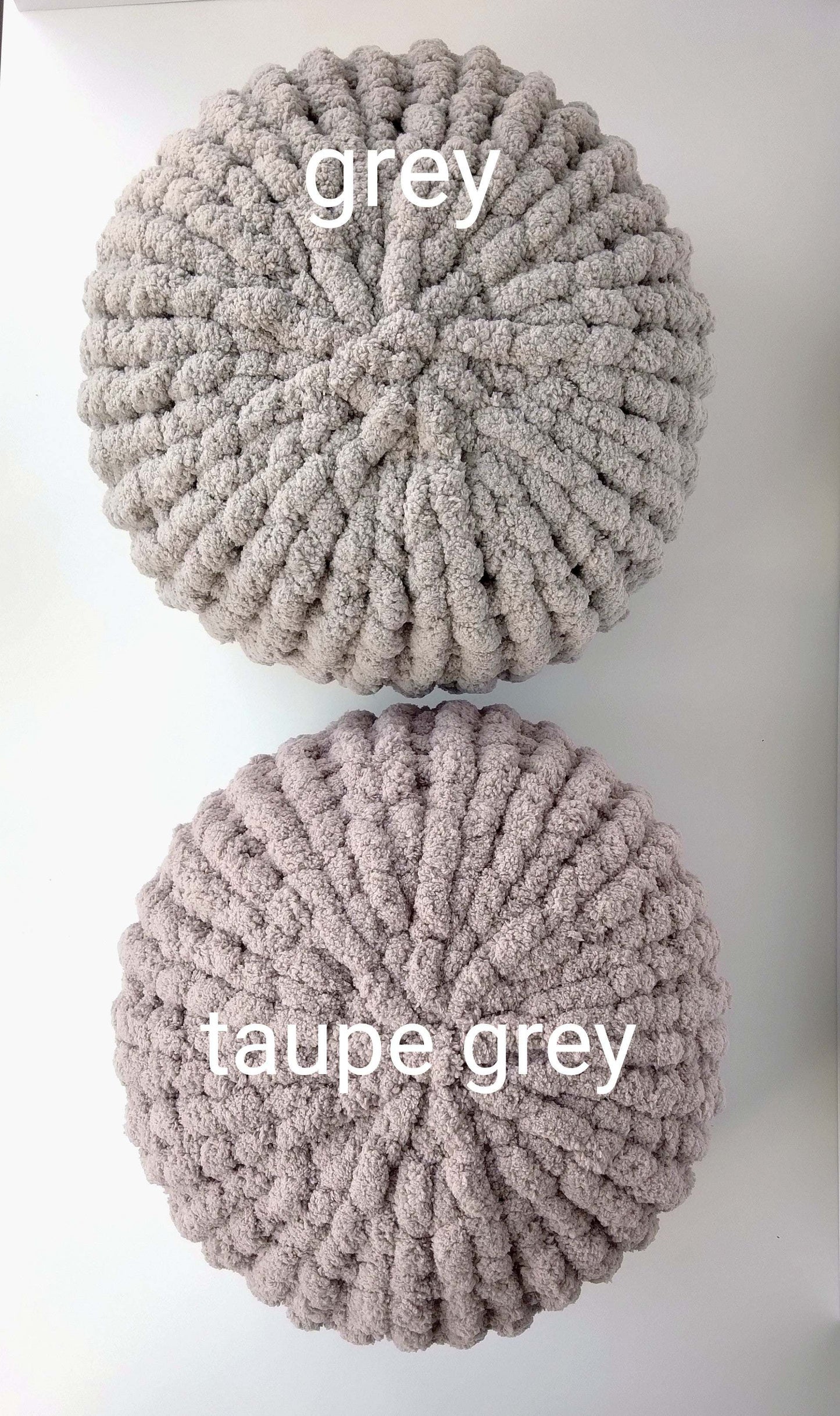 2 hand knit round cushions in super soft chunky chenille yarn taupe grey