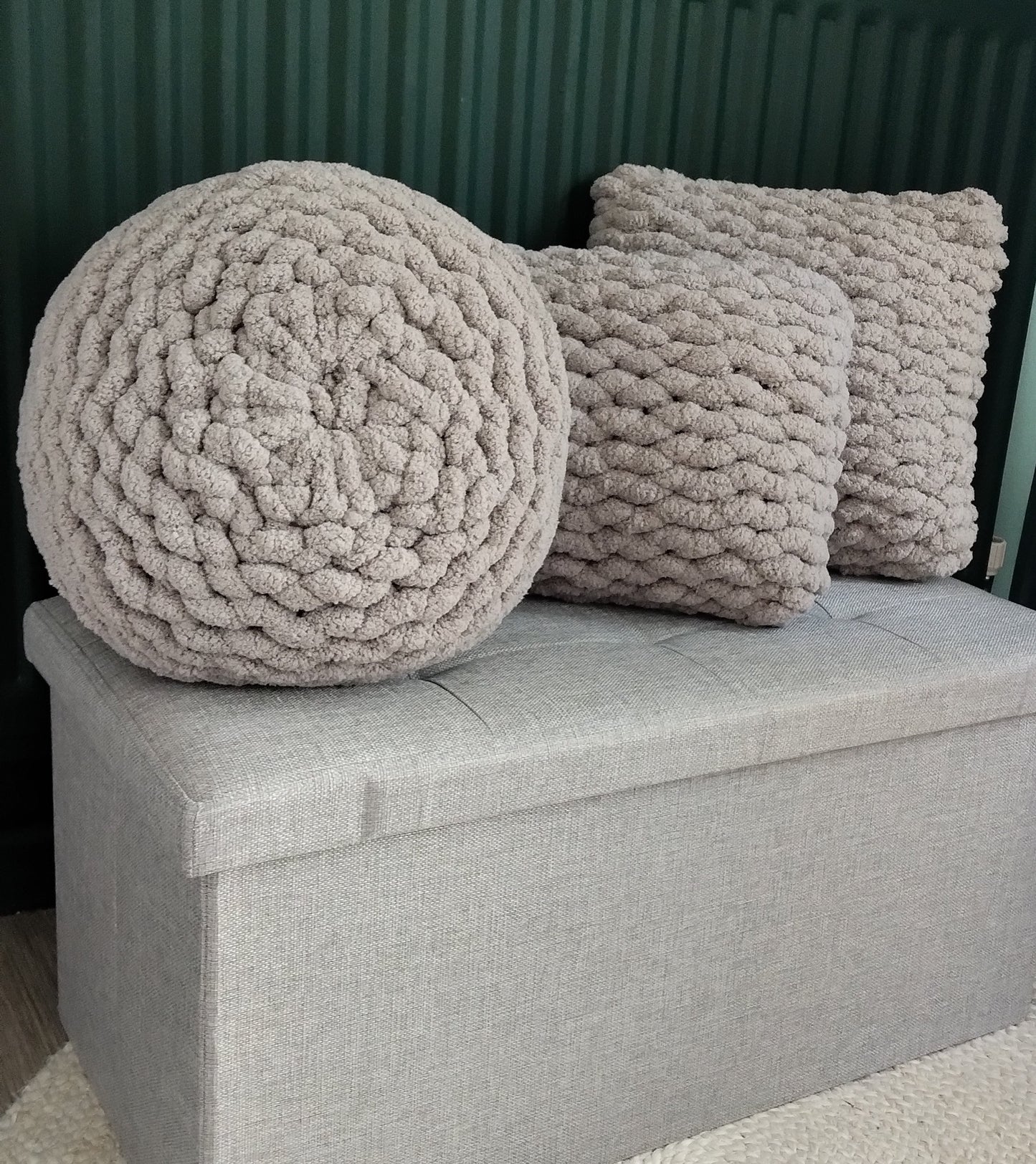set of three hand knit cushions offer in chunky chenille yarn