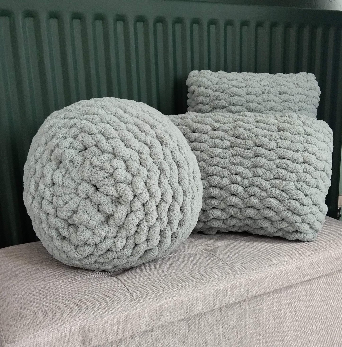 set of 3 hand knit cushions offer in chunky chenille yarn - misty green