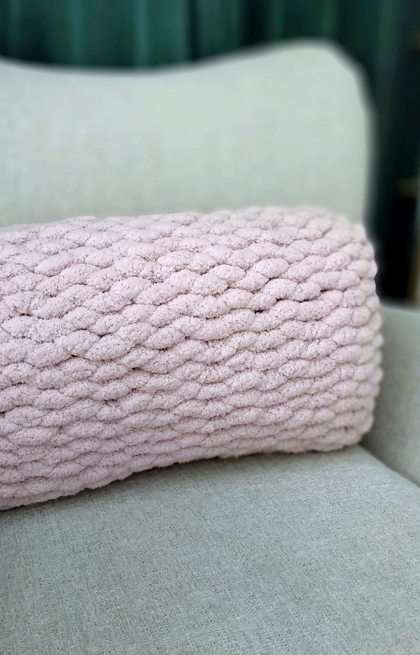 rectangular hand knit cushions in soft chenille yarn pink