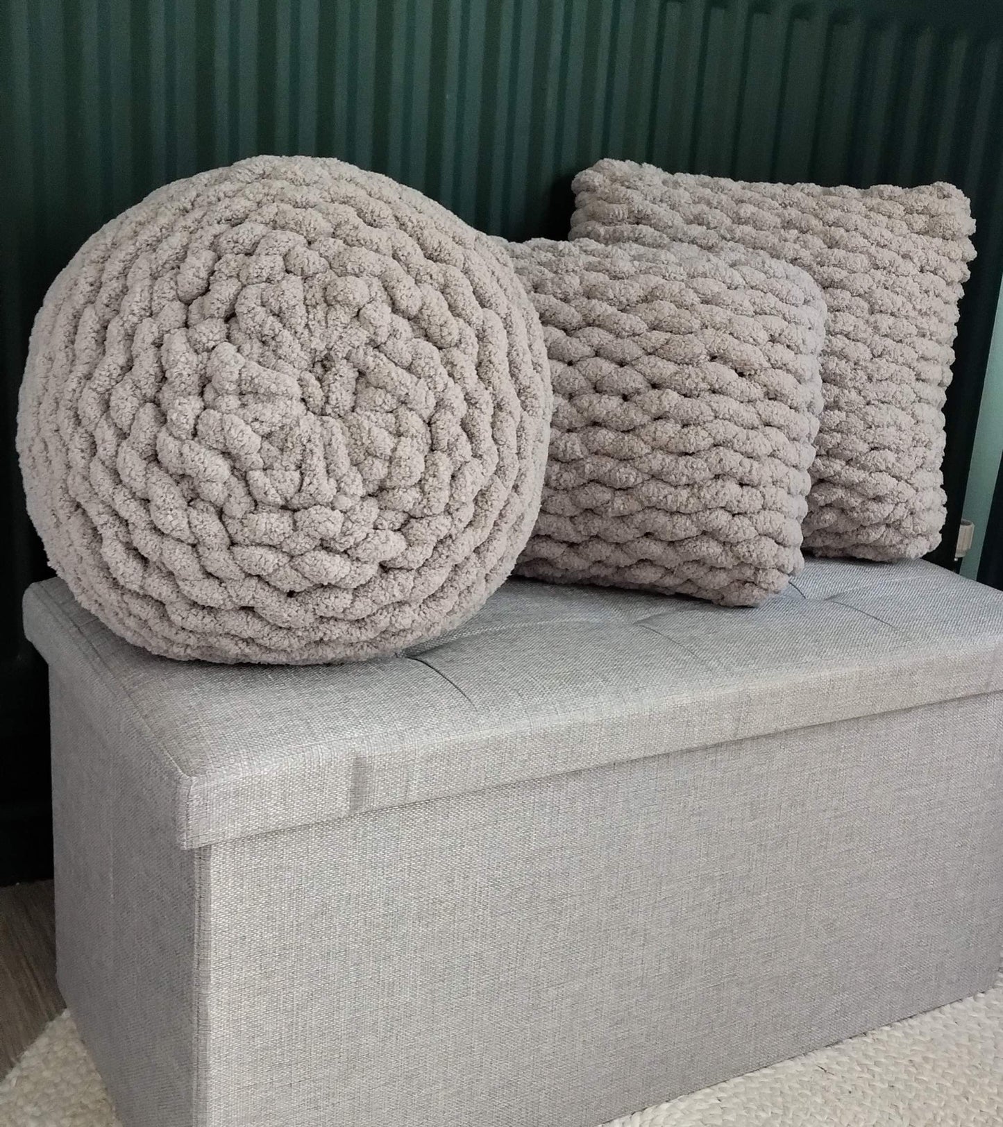 set of 3 hand knit cushions offer in chunky chenille yarn - grey