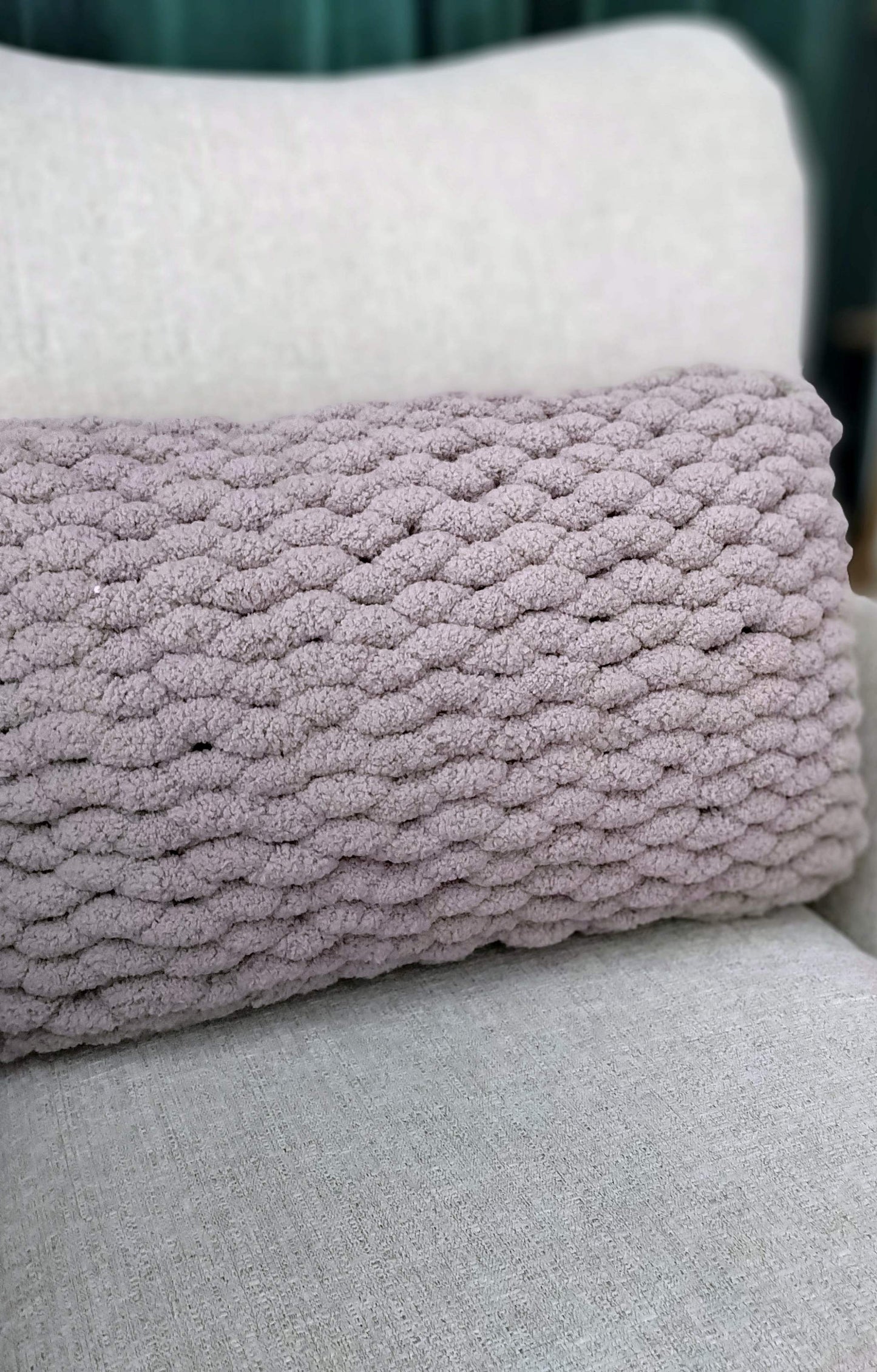 rectangular hand knit cushions in soft chenille yarn taupe grey